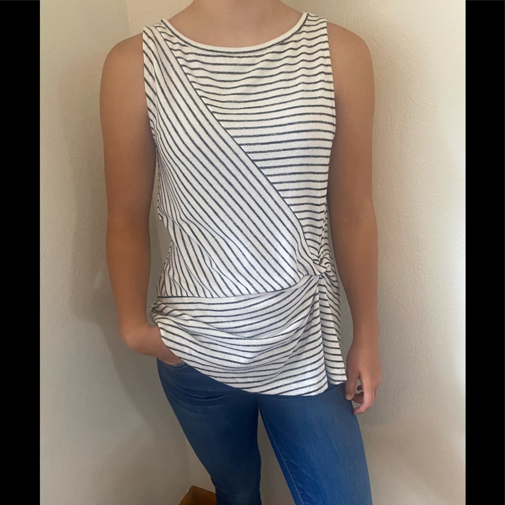 Banana Republic grey + white stripe knit tank Boat neck Gathered side detail XS